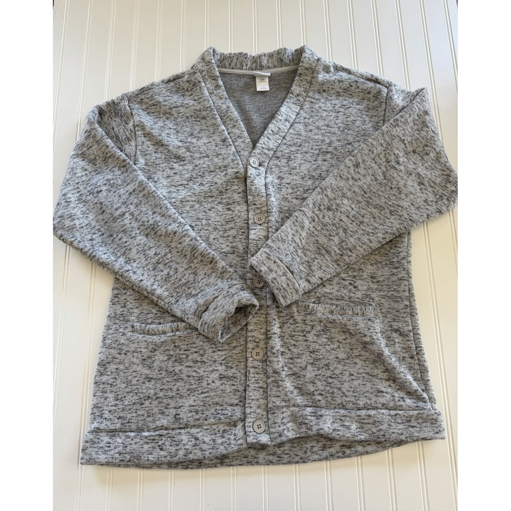 Haband Mens Cardigan L Gray Speckled Grandpa Sweater Fleece Button Up